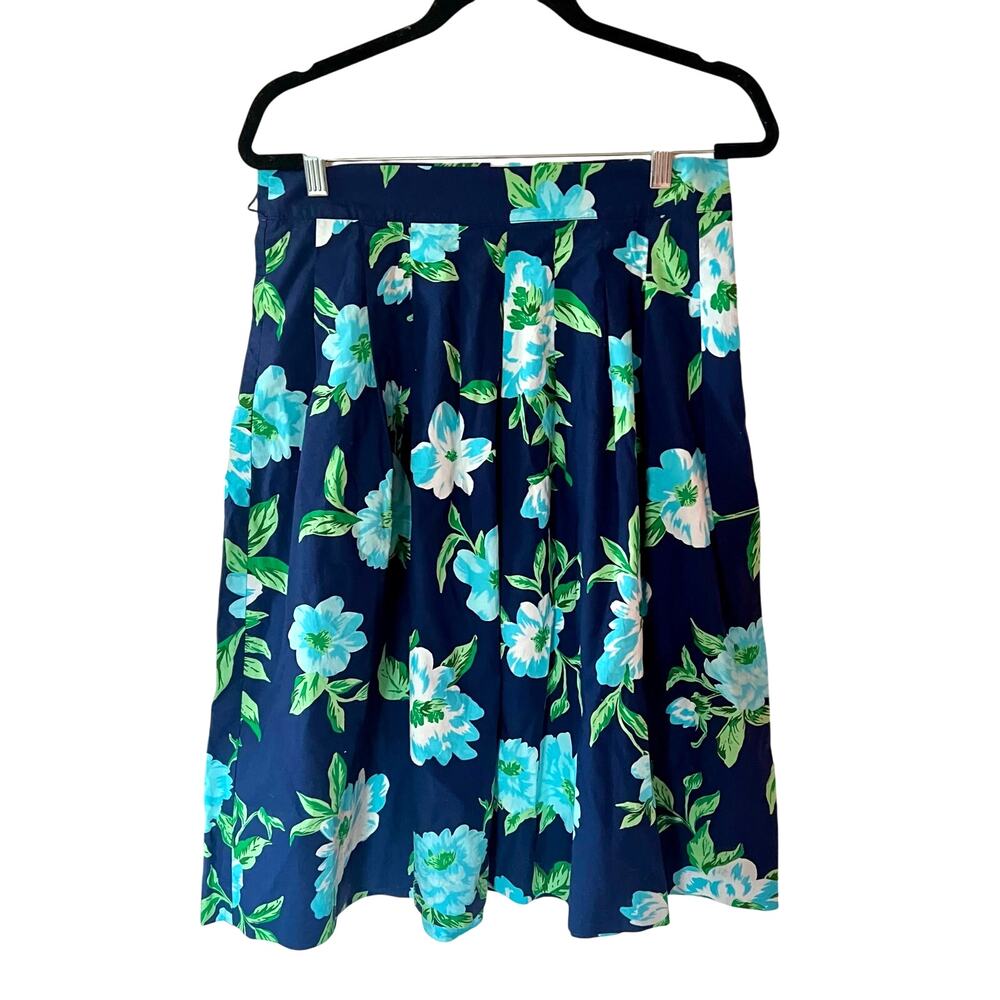 Talbots Cotton Floral Midi Skirt Navy Aqua Green SZ 8P